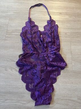 Purple Lace Halter Teddy Lingerie Medium